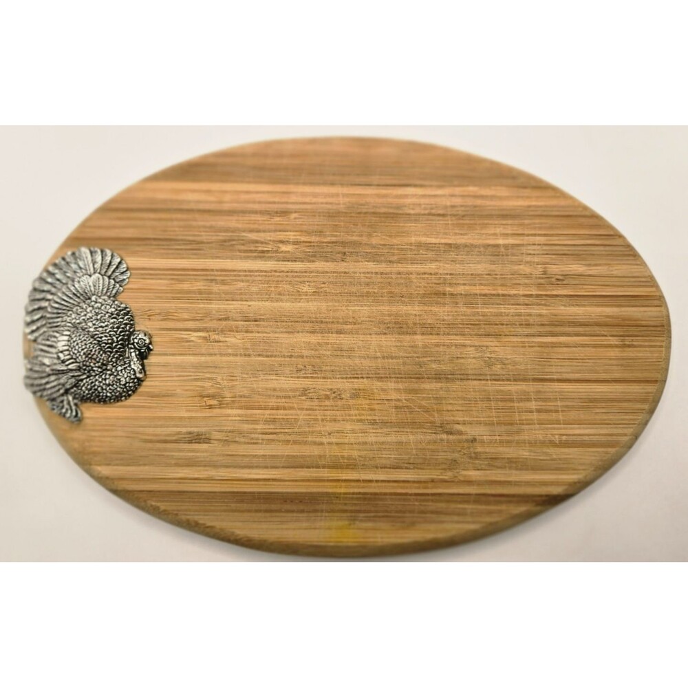 Oval Bamboo & Pewter Turkey Cheese Board / Trivet - Autumn Holiday Serving Board